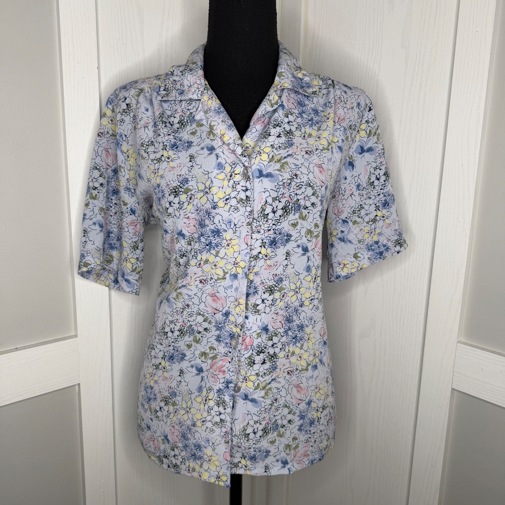 Donnkenny Button Up Blouse Womens L Petite Blue Floral Short Sleeve Vintage